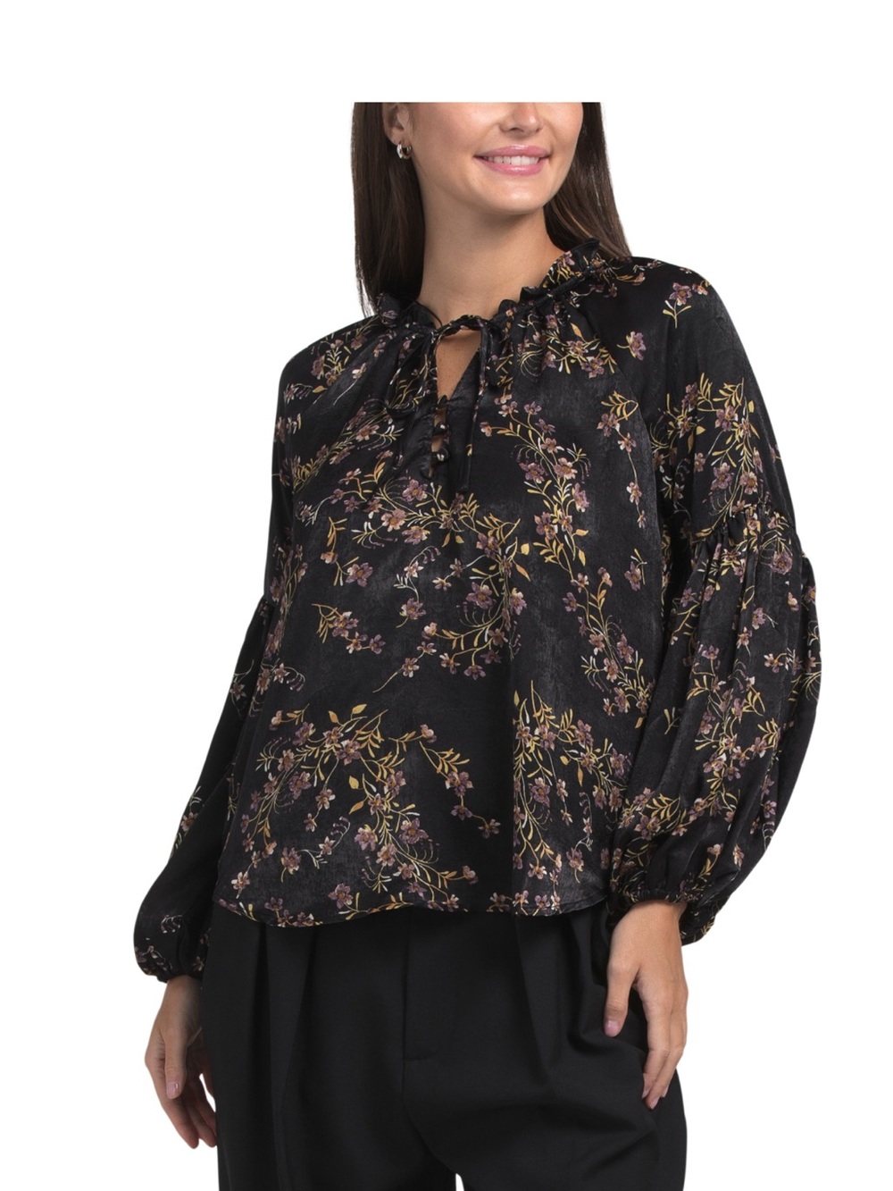 Love Stitch Black Floral Tie-Front Ruffle Blouse